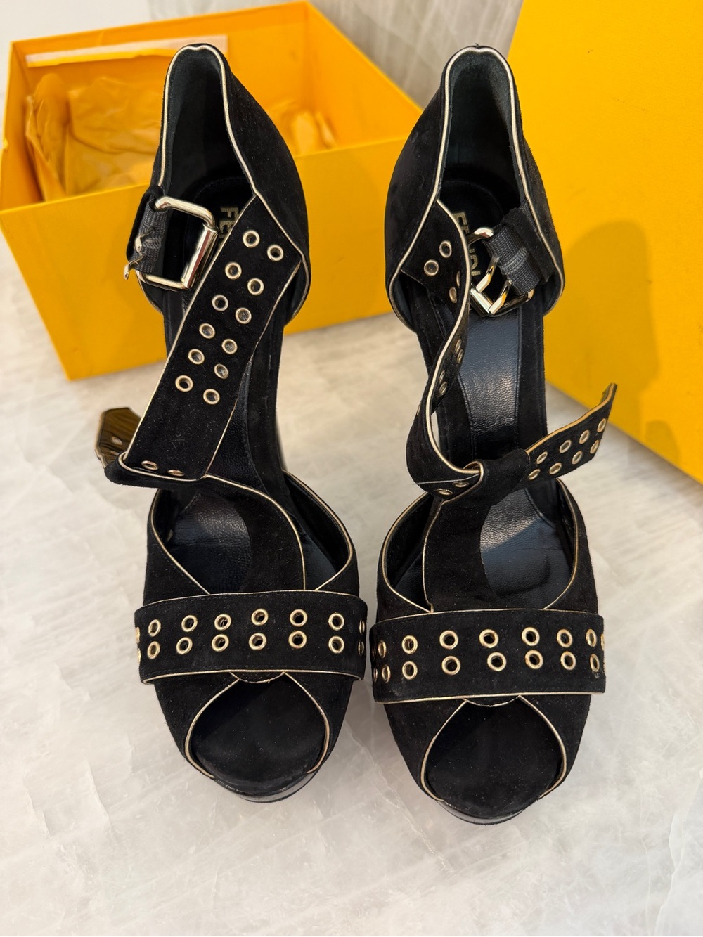 Fendi Black Suede Eyelet Ankle-Strap High Heels